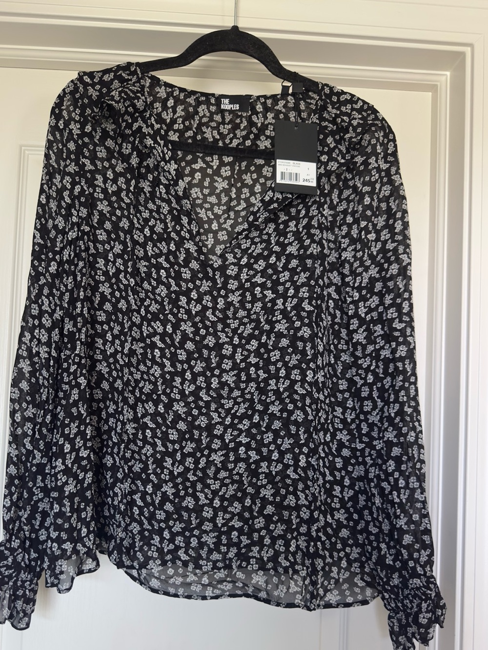 The Kooples Black & White Floral V-Neck Long Sleeve Blouse